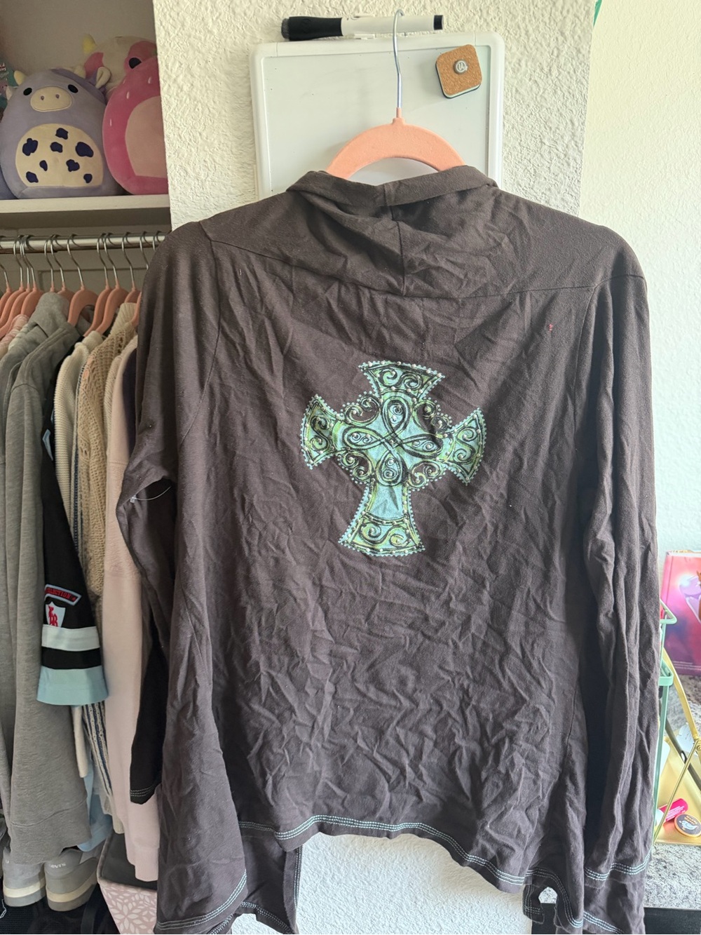 Women’s Brown Hooded Long-Sleeve Top with Embroidered Cross